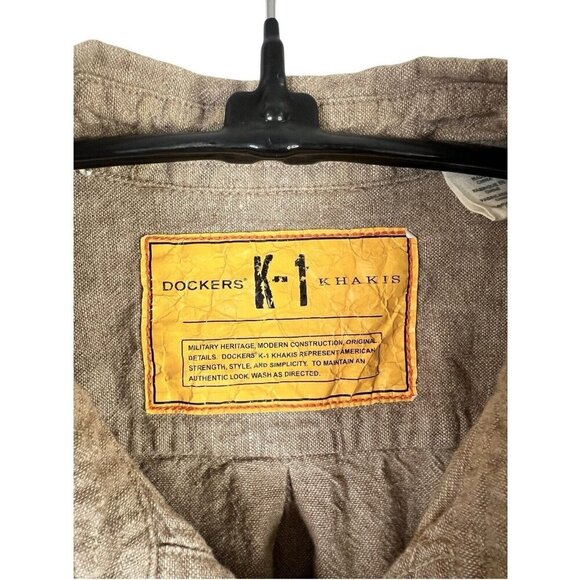 Dockers K1 Button Up Shirt Mens Medium Light Brown Linen Cotton Blend Military - Picture 4 of 9